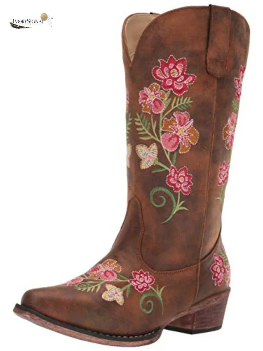 Roper Riley Floral Mid-Calf Boots Faux Leather Embroidered Block Heel